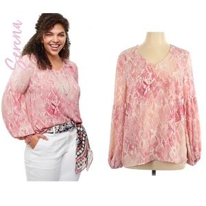 CAbi Pink Snakeskin Bethany Top Balloon Sleeves XL